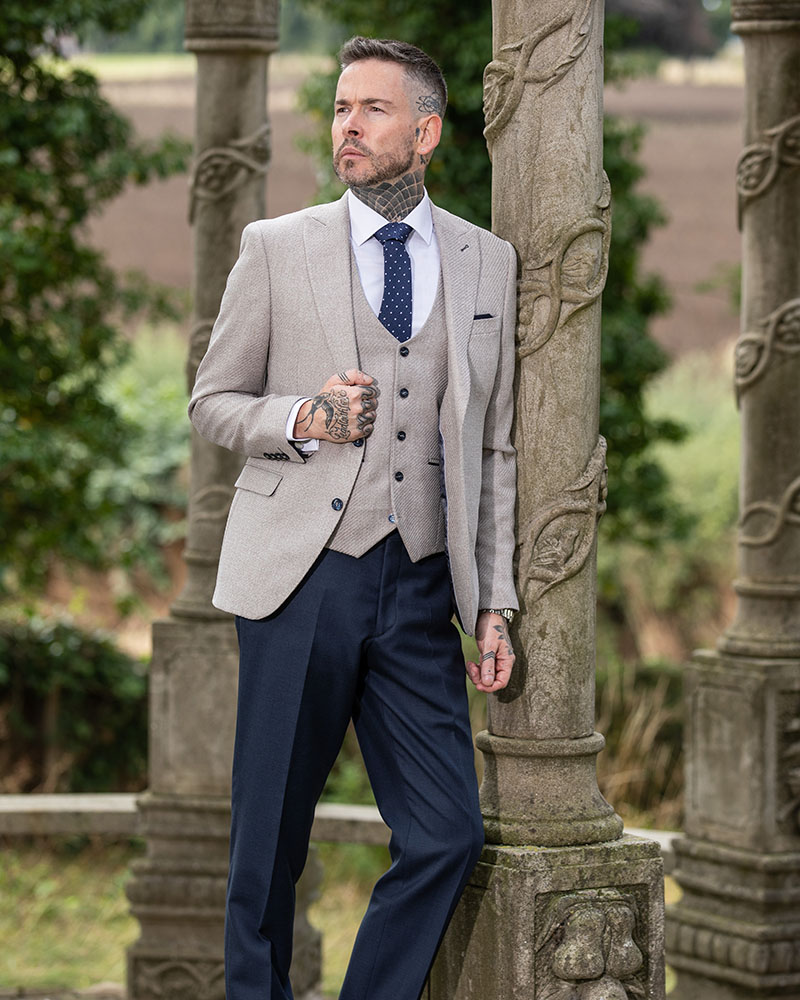 To Hire, Simon Beige Jacket and Waistcoat with contrasting NavyTrousers (full outfit)